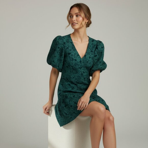 Emerald Green Mini Baby Doll Dress with V Neckline SZ XS Whimsical Western HOCO - Picture 6 of 6